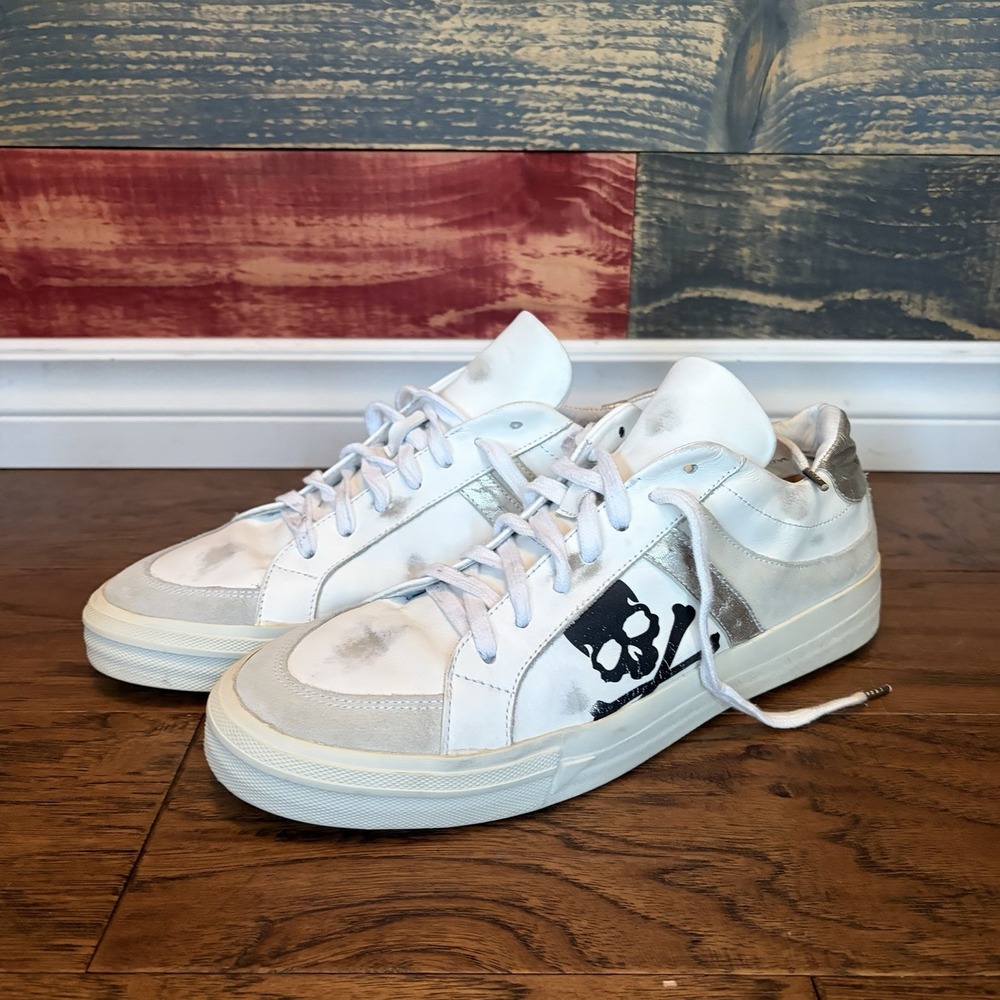Philipp Plein Mens Skull Low Top Sneakers White Leather Size 44 Made In Italy